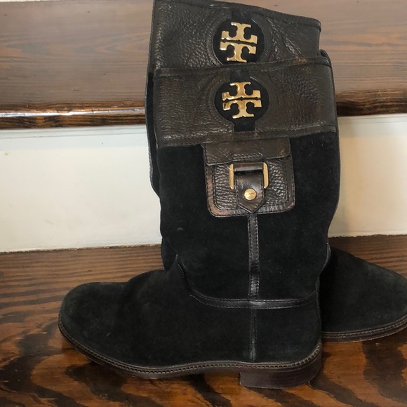 Tory Burch Black Suede Leather Cuff Mid Calf Boots Size 7 - Picture 13 of 16